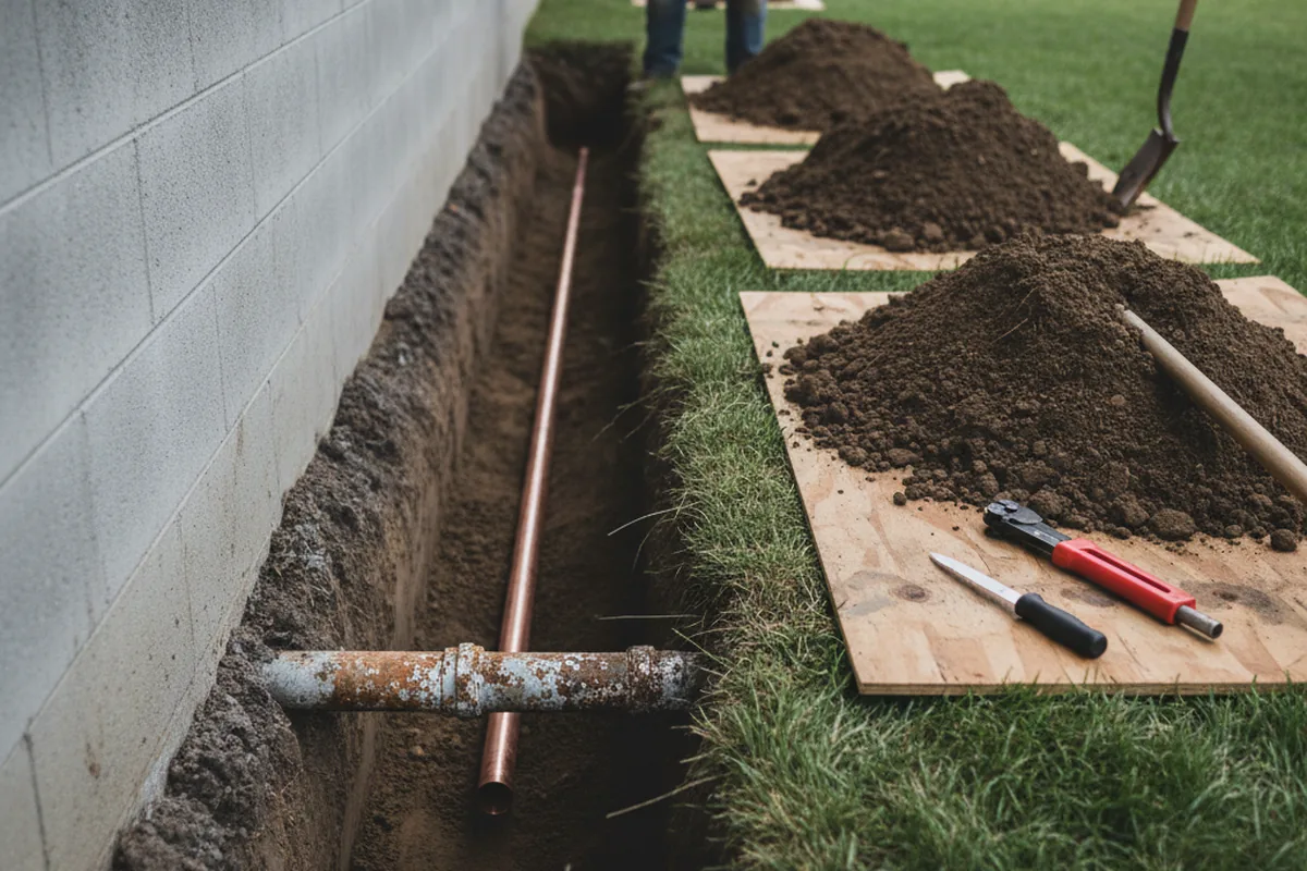 Excavated water line trench during Sewer Line Repair in Groveton